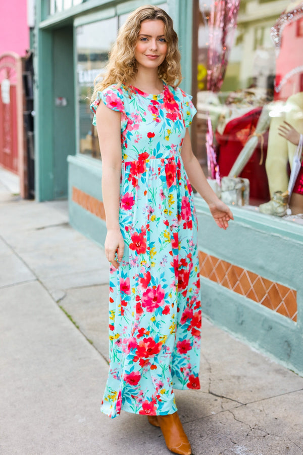 What A Vision Aqua Floral Fit & Flare Maxi Dress - Coeur de la Mode