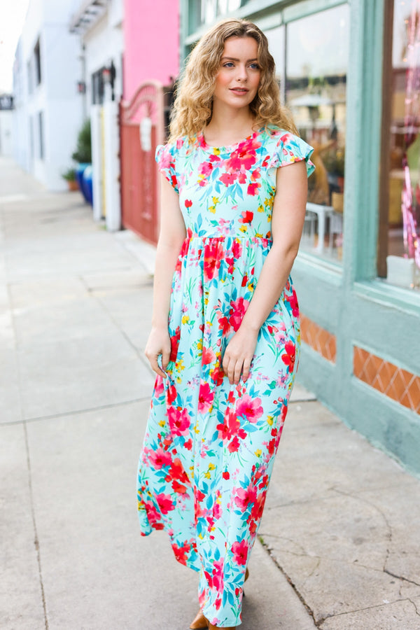 What A Vision Aqua Floral Fit & Flare Maxi Dress - Coeur de la Mode