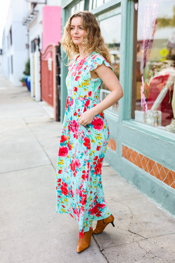 What A Vision Aqua Floral Fit & Flare Maxi Dress - Coeur de la Mode