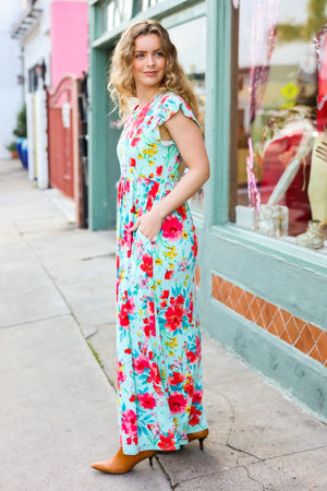 What A Vision Aqua Floral Fit & Flare Maxi Dress - Coeur de la Mode