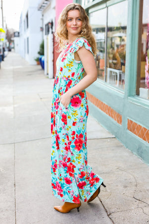 What A Vision Aqua Floral Fit & Flare Maxi Dress - Coeur de la Mode