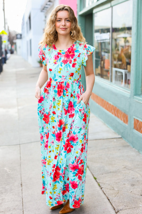 What A Vision Aqua Floral Fit & Flare Maxi Dress - Coeur de la Mode