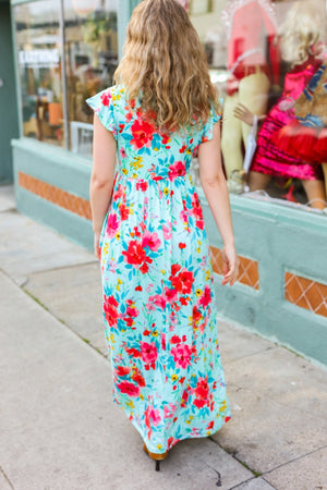 What A Vision Aqua Floral Fit & Flare Maxi Dress - Coeur de la Mode