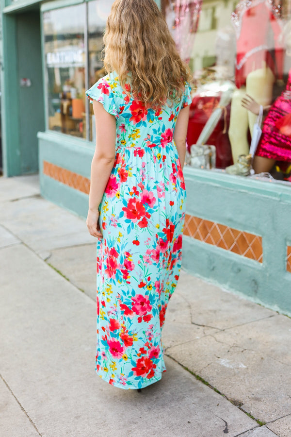 What A Vision Aqua Floral Fit & Flare Maxi Dress - Coeur de la Mode