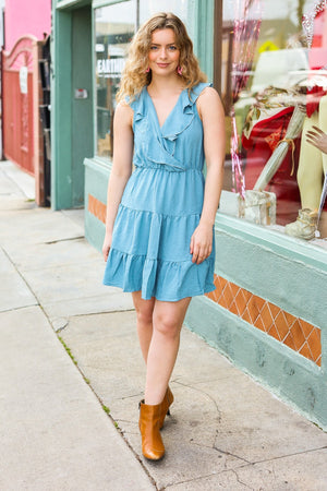 Find Romance Aquamarine Surplice Ruffle Tiered Dress - Coeur de la Mode