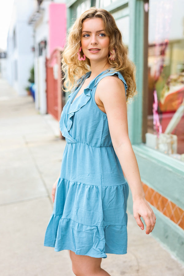 Find Romance Aquamarine Surplice Ruffle Tiered Dress - Coeur de la Mode