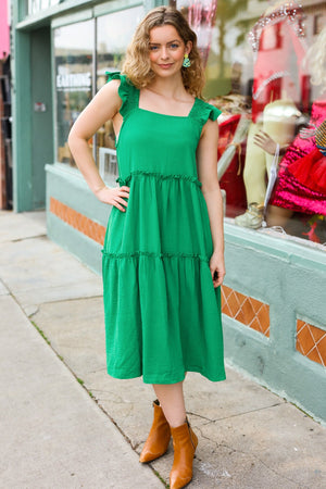 Lots To Love Kelly Green Smocked Flutter Sleeve Tiered Midi Dress - Coeur de la Mode