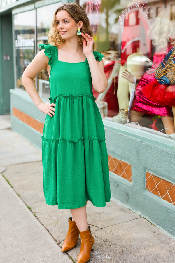 Lots To Love Kelly Green Smocked Flutter Sleeve Tiered Midi Dress - Coeur de la Mode