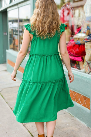 Lots To Love Kelly Green Smocked Flutter Sleeve Tiered Midi Dress - Coeur de la Mode