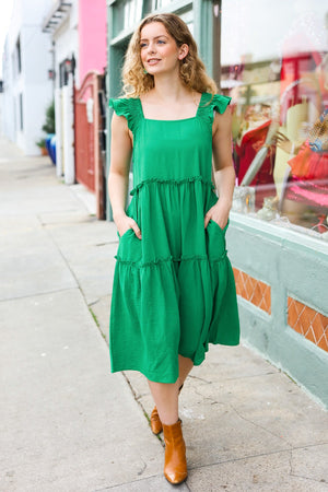 Lots To Love Kelly Green Smocked Flutter Sleeve Tiered Midi Dress - Coeur de la Mode