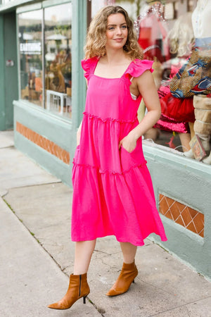 Lots To Love Fuchsia Smocked Flutter Sleeve Tiered Midi Dress - Coeur de la Mode