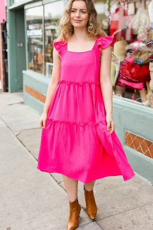 Lots To Love Fuchsia Smocked Flutter Sleeve Tiered Midi Dress - Coeur de la Mode
