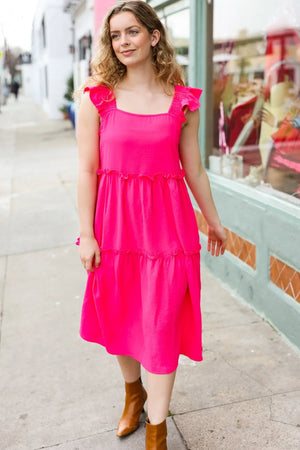 Lots To Love Fuchsia Smocked Flutter Sleeve Tiered Midi Dress - Coeur de la Mode