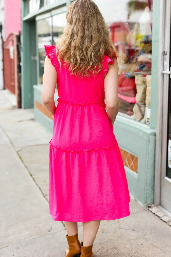 Lots To Love Fuchsia Smocked Flutter Sleeve Tiered Midi Dress - Coeur de la Mode