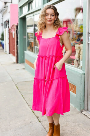 Lots To Love Fuchsia Smocked Flutter Sleeve Tiered Midi Dress - Coeur de la Mode