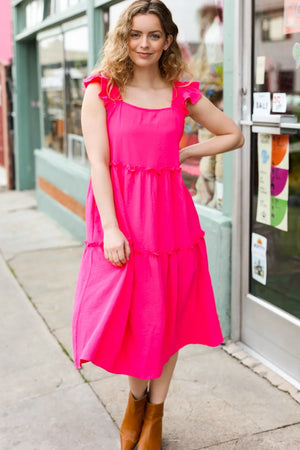Lots To Love Fuchsia Smocked Flutter Sleeve Tiered Midi Dress - Coeur de la Mode