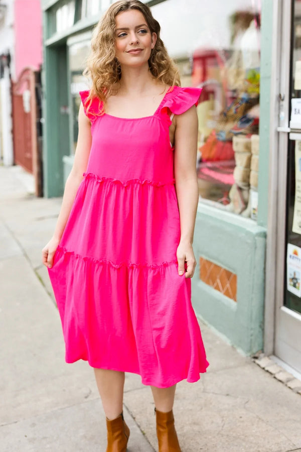 Lots To Love Fuchsia Smocked Flutter Sleeve Tiered Midi Dress - Coeur de la Mode