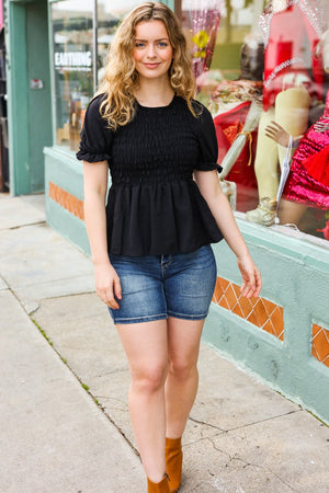 All For You Black Smocked Peplum Puff Sleeve Top - Coeur de la Mode