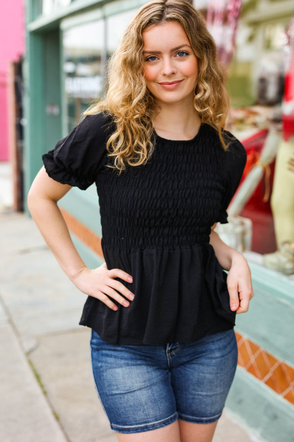 All For You Black Smocked Peplum Puff Sleeve Top - Coeur de la Mode