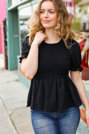 All For You Black Smocked Peplum Puff Sleeve Top - Coeur de la Mode