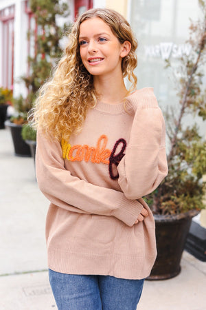 Feeling Thankful Taupe Pop Up Glittery Embroidery Sweater - Coeur de la Mode