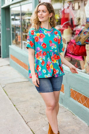 Take Me Away Teal Floral Drop Shoulder Babydoll Top - Coeur de la Mode