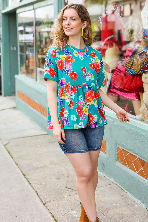 Take Me Away Teal Floral Drop Shoulder Babydoll Top - Coeur de la Mode
