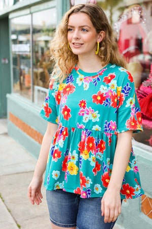Take Me Away Teal Floral Drop Shoulder Babydoll Top - Coeur de la Mode