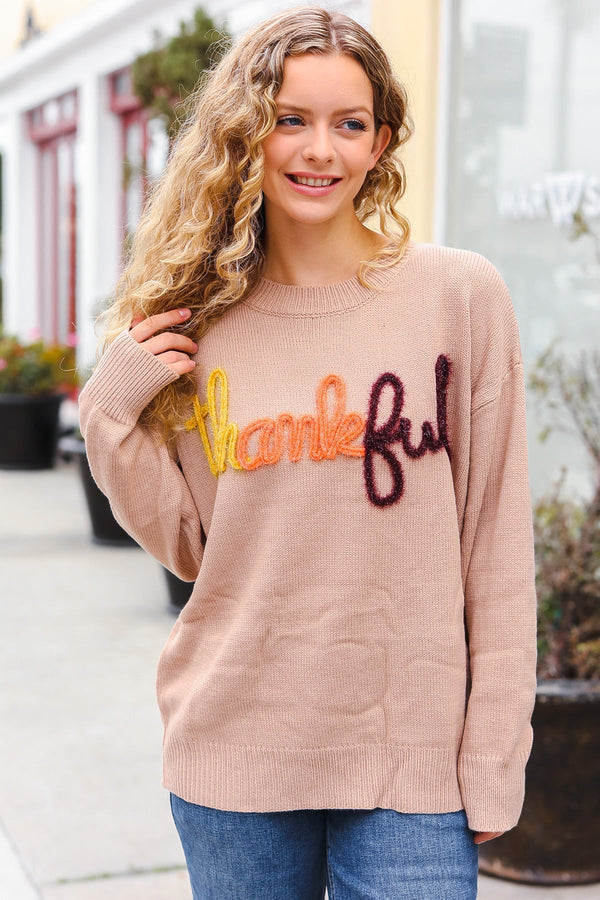 Feeling Thankful Taupe Pop Up Glittery Embroidery Sweater - Coeur de la Mode