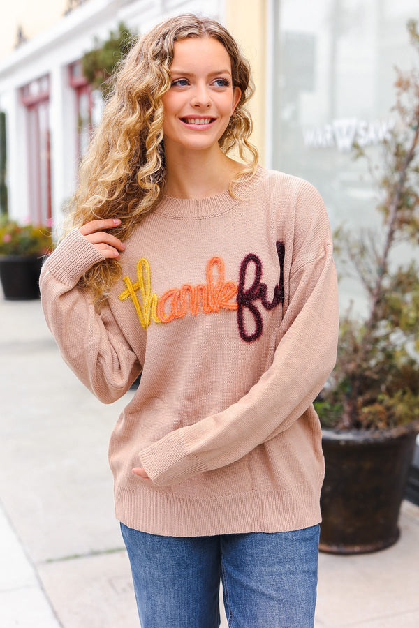 Feeling Thankful Taupe Pop Up Glittery Embroidery Sweater - Coeur de la Mode