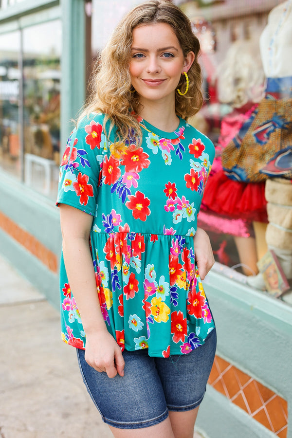Take Me Away Teal Floral Drop Shoulder Babydoll Top - Coeur de la Mode