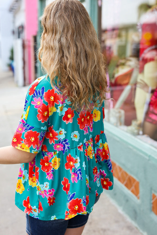 Take Me Away Teal Floral Drop Shoulder Babydoll Top - Coeur de la Mode