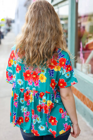 Take Me Away Teal Floral Drop Shoulder Babydoll Top - Coeur de la Mode