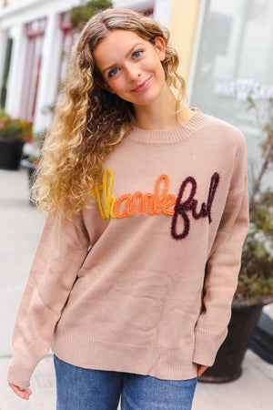 Feeling Thankful Taupe Pop Up Glittery Embroidery Sweater - Coeur de la Mode