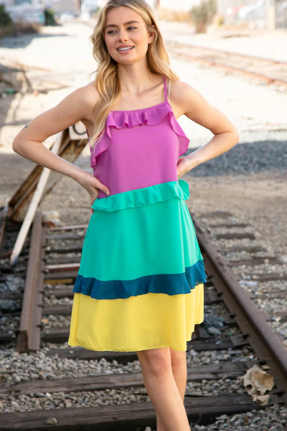 Fuchsia Shoulder Strap Color Block Tiered Ruffle Dress - Coeur de la Mode