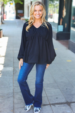 Simple Elegance Black V Neck Babydoll Woven Top - Coeur de la Mode