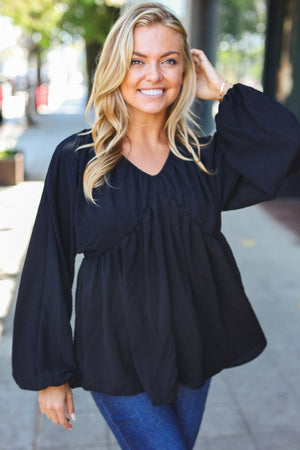 Simple Elegance Black V Neck Babydoll Woven Top - Coeur de la Mode