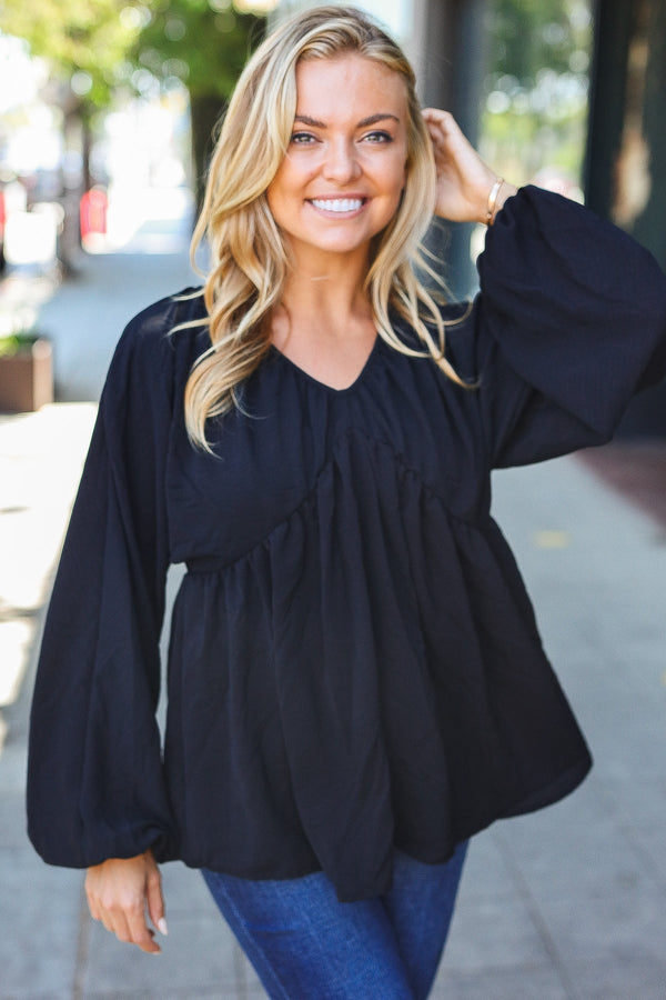 Simple Elegance Black V Neck Babydoll Woven Top - Coeur de la Mode