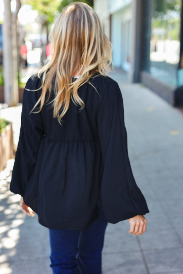 Simple Elegance Black V Neck Babydoll Woven Top - Coeur de la Mode