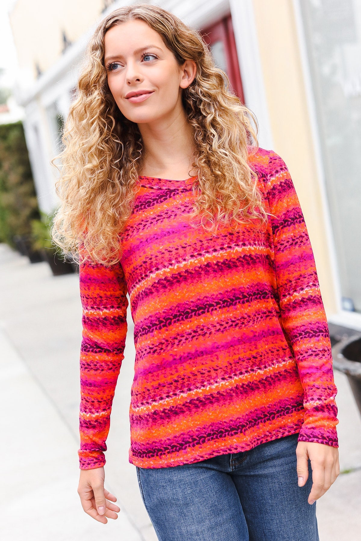 Be Bold Flame & Magenta Striped Cable Knit Print Hacci Top