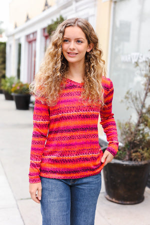 Be Bold Flame & Magenta Striped Cable Knit Print Hacci Top - Coeur de la Mode