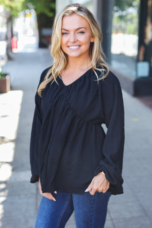 Simple Elegance Black V Neck Babydoll Woven Top - Coeur de la Mode