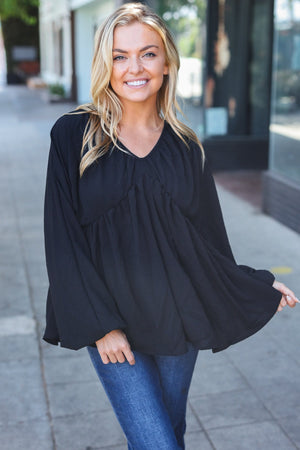 Simple Elegance Black V Neck Babydoll Woven Top - Coeur de la Mode