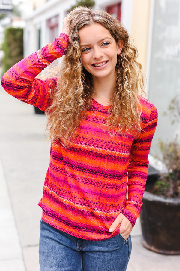 Be Bold Flame & Magenta Striped Cable Knit Print Hacci Top - Coeur de la Mode
