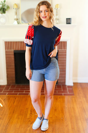 Stand-Out Navy Patriotic Patchwork Puff Sleeve Top - Coeur de la Mode