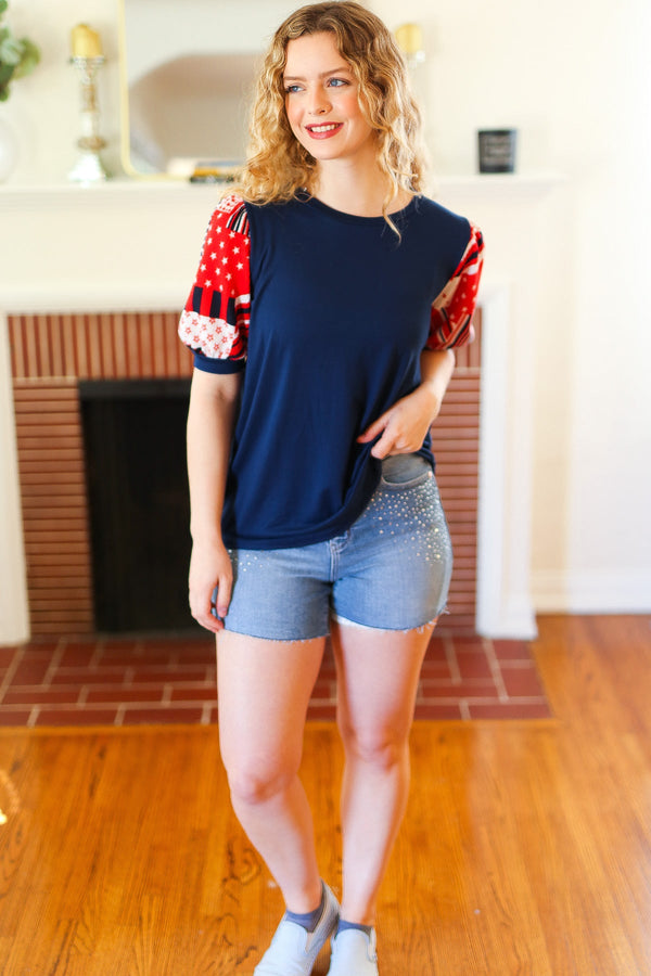 Stand-Out Navy Patriotic Patchwork Puff Sleeve Top - Coeur de la Mode