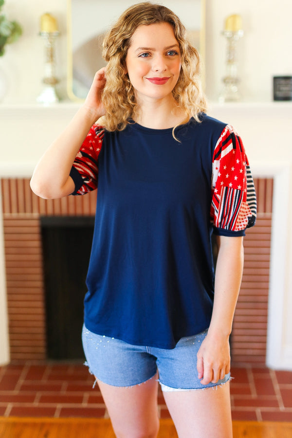 Stand-Out Navy Patriotic Patchwork Puff Sleeve Top - Coeur de la Mode