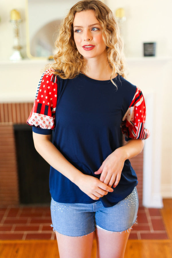 Stand-Out Navy Patriotic Patchwork Puff Sleeve Top - Coeur de la Mode