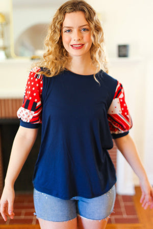 Stand-Out Navy Patriotic Patchwork Puff Sleeve Top - Coeur de la Mode