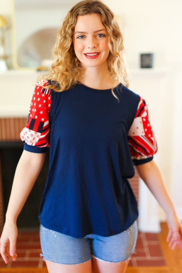Stand-Out Navy Patriotic Patchwork Puff Sleeve Top - Coeur de la Mode